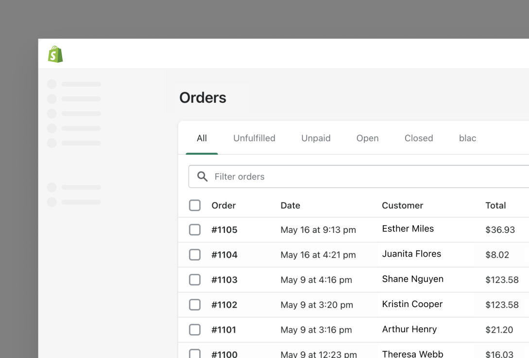 Shopify page displaying all orders in a table