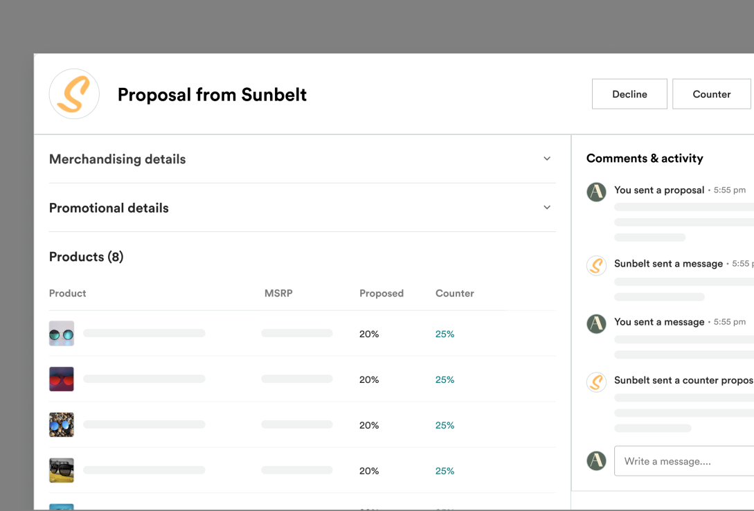 An example proposal from Sunbelt with buttons to counter or decline and a list of the proposal details which are merchandising and promotional details, products, and comments