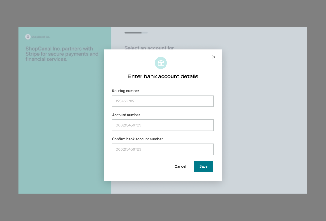 Page that shows a Stripe modal that asks to enter bank account details